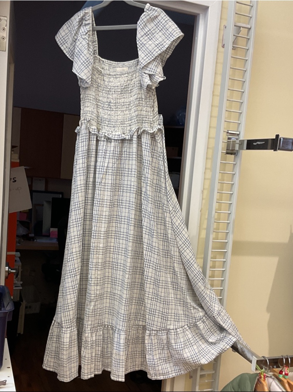 Plaid Smocked Maxi Dress with Flutter Sleeves - White/Blue